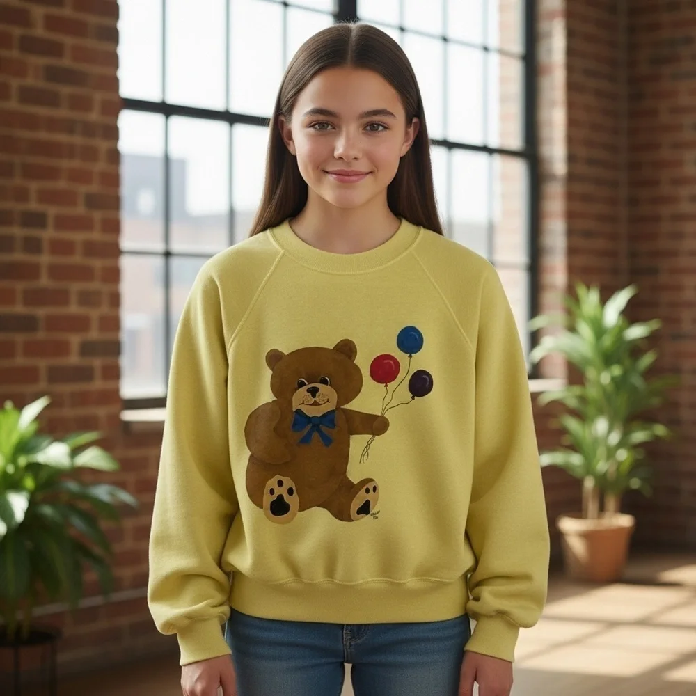 Vintage 80’s Bassett Walker Pale Yellow/Teddy Bear  Crewneck Sweatshirt Sz 10/12